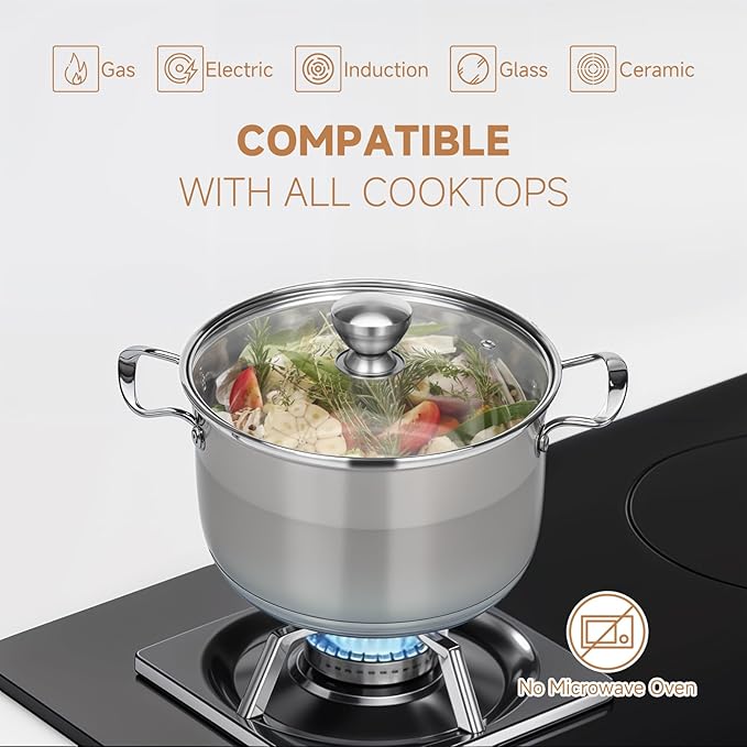 Ohtomber 5 Quart Dutch Pot - Stainless Steel Stock Cooking Induction Pot with Lid for Pasta, Soup, Spaghetti, Nonstick Thick Base Stockpot, Kitchen Cookware for Stew, Simmer, Boiling