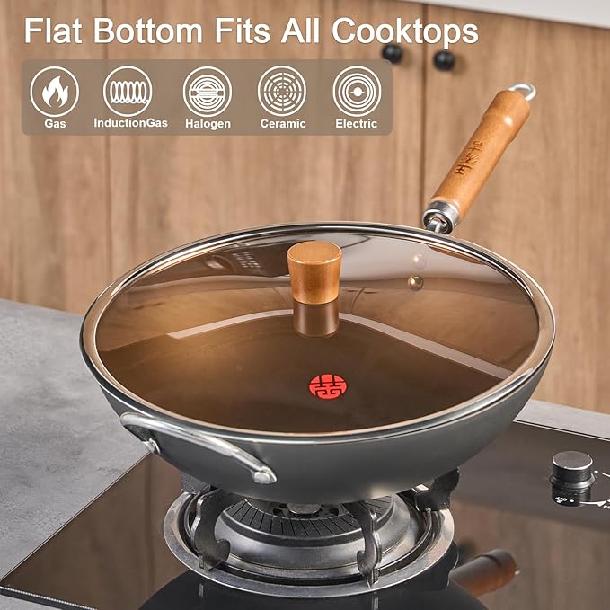 WANGYUANJI Carbon Steel Wok Pan, 13.4" Woks & Stir-Fry Pans with Glass Lid No Chemical Coated Flat Bottom Iron Wok for Induction, Electric, Gas, Halogen All Stoves