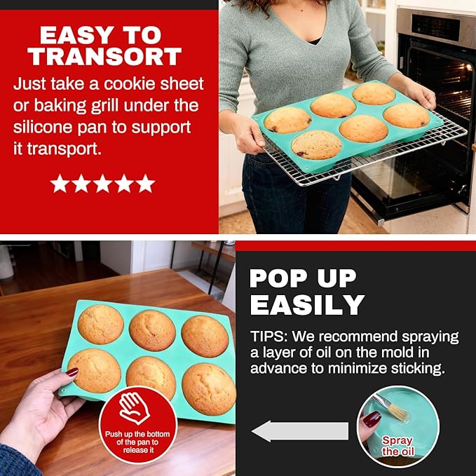 3Pack Larger Silicone Muffin Pans for Baking, 18-Cavity Round Molds, Easy to Pop, Nonstick, Top Pan for Egg Bite, Sandwiches, Mini Cake, Chocolate Dessert, Hamburger Making