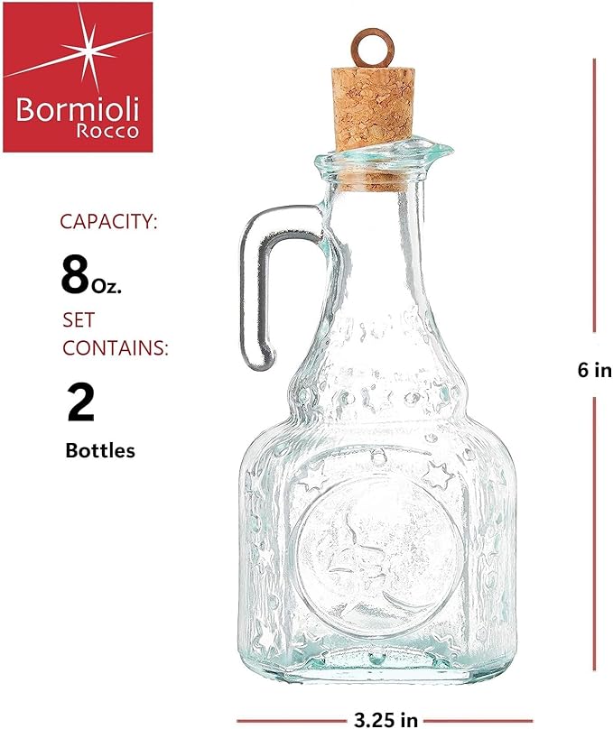 Bormioli Rocco Country Home Helios Oil Bottle Set of 2, 8 Oz. Refillable Glass Dispensers with Pour Spouts for Olive Oil, Vinegar & Condiments - Italian Glass Kitchen Storage Containers