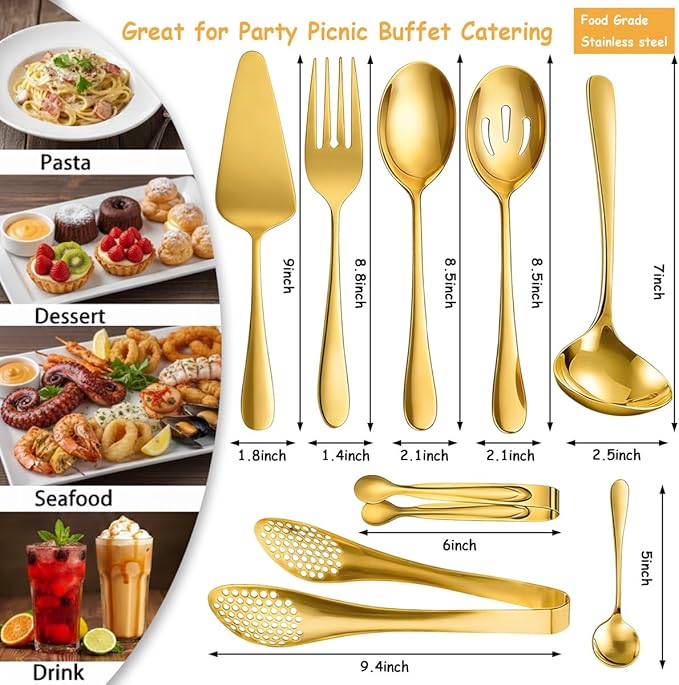 8 PCS Stainless Steel Serving Utensils, Ice Suger Tongs, Large Serving Spoons Slotted Spoons, Cake Server, Forks, Soup Ladle, Metal Utensils Set Tool for Buffet Catering Banquet Party(Gold)