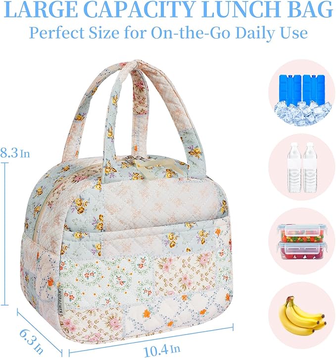 Quilted Lunch Box for Women,Coquette Aesthetic Lunch Box for Teen Girls,Cute Floral Lunch Bags for Work, School,Office,Picnic,Travel (coloful floral)