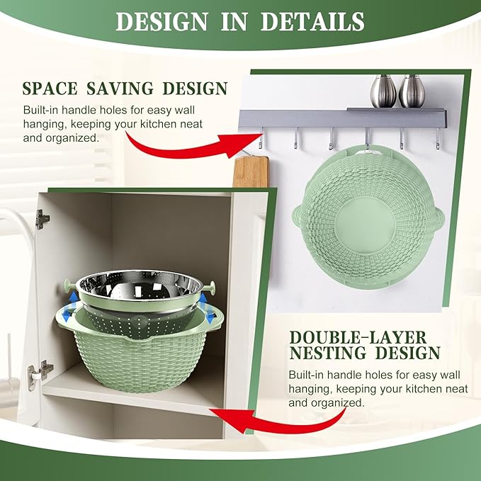 4-1 Colander with Fruit Bowl Set - Colander for Kitchen, Rotatable Strainers and Colanders(Patented), Pasta Strainer with New Upgraded Graters for Fruit, Veggie, Aesthetic Kitchen Essentials - Green