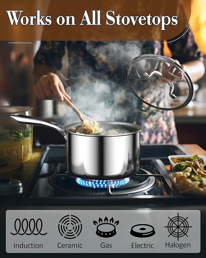 Cook N Home Stainless Steel Sauce Pan with Lid, 1.5 Quart 3-Ply Full Clad Small Kitchen Pot, Dishwasher & Oven Safe, Compatible w/ All Cooktops