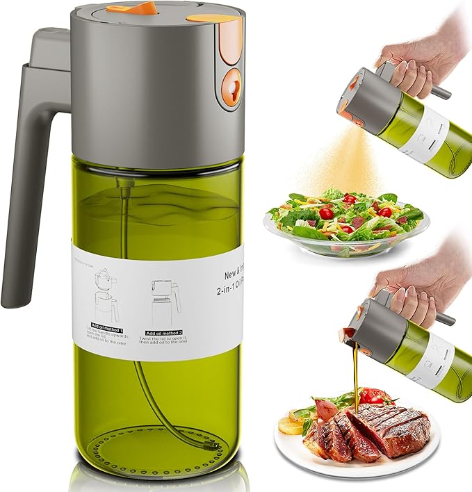 Upgrade 2 in 1 Oil Sprayer for Cooking, 17oz Light-Blocking Glass Olive Oil Dispenser Bottle for Kitchen,Food-Grade Oil Mister with 8 Stickers for Salad, Frying (Green Bottle-Grey Gap)