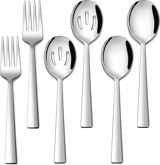 E-far Serving Utensils Set of 6, Stainless Steel Large 2 Serving Spoons 2 Slotted Spoons 2 Forks for Buffet/Parties/Catering, Mirror Polished & Dishwasher Safe