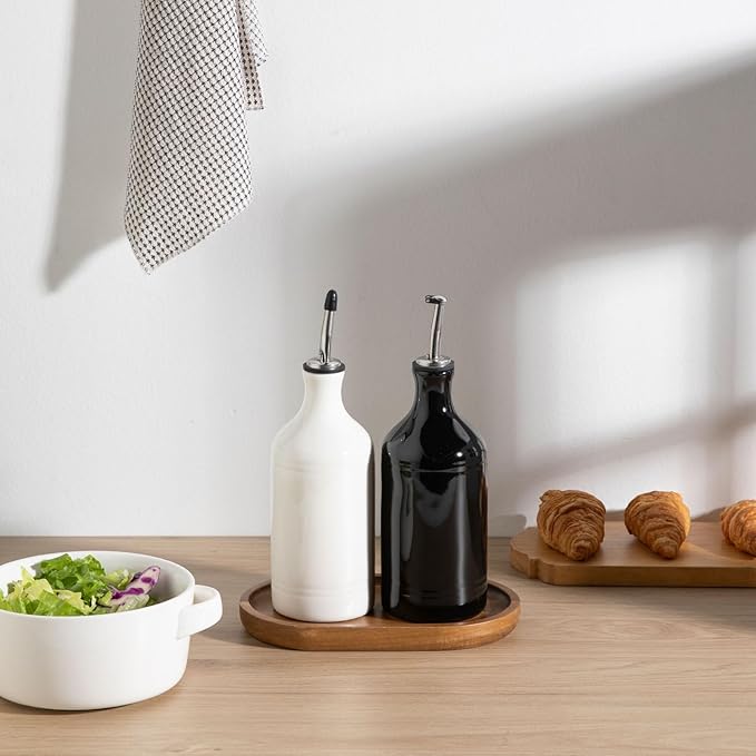Sweejar Ceramic Olive Oil Dispenser Bottle Set, Opaque Oil Cruet Protects to Reduce Oxidation, Suitable For Storage Of Vinegar, Soy Sauce & Other Liquids,Pack of 2,15.5 Fl Oz（White Black）
