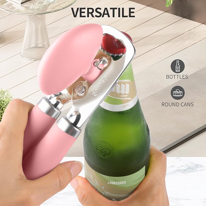 Can Opener Manual, Heavy Duty Stainless Steel Smooth Edge Can Openers With Soft Touch Handle, Oversized Handheld Easy Turn Knob, Multi-Function Bottle Opener, Pink