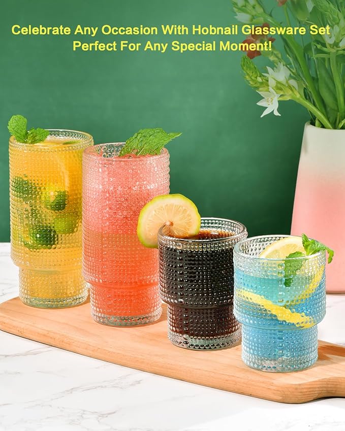 Hobnail Drinking Glasses Set of 12, Stackable Glasses 12 oz and 7 oz, Bubble Glasses Drinking, Vintage Glassware, Beaded Glassware, Highball Glasses, Gift Box Set