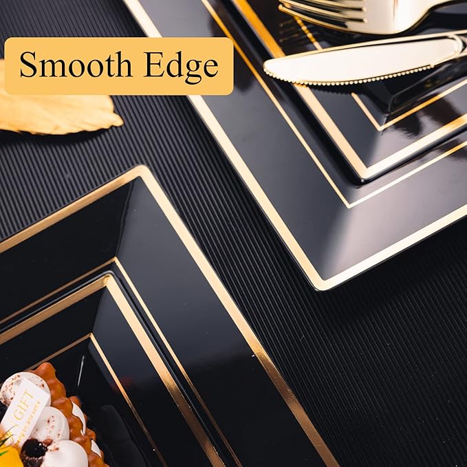 N9R 60 Pack Black Square Plastic Plates with Gold Rim Include 30 Disposable Dinner Plates 9.5 Inch and 30 Dessert Plate 6.5 Inch, Fancy Plate for Party, Wedding, Halloween and Daily Use