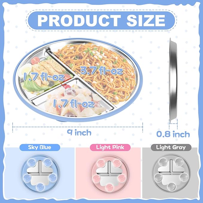 OVV Stainless Steel Kids Plates (3 Pack) 9 Inch Toddler Divided Plates with ﻿Removable Silicone Sleeves & 5 Suction Cups Baby Self Feeding | Mess-Free Mealtime | Dishwasher Safe