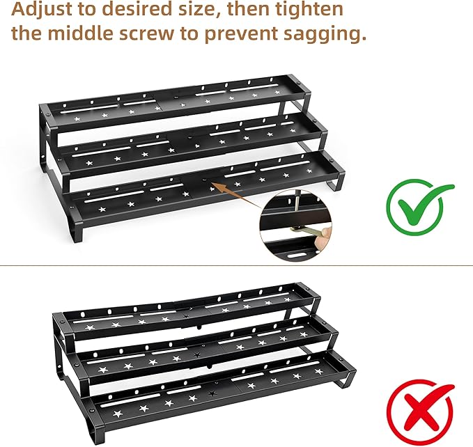 Expandable Spice Rack Organizer for Cabinet 3 Tiered Metal Seasoning Organization with Guardrails Spice Shelf Storage for Jars Adjustable Length 13"-21" Black 1Pack