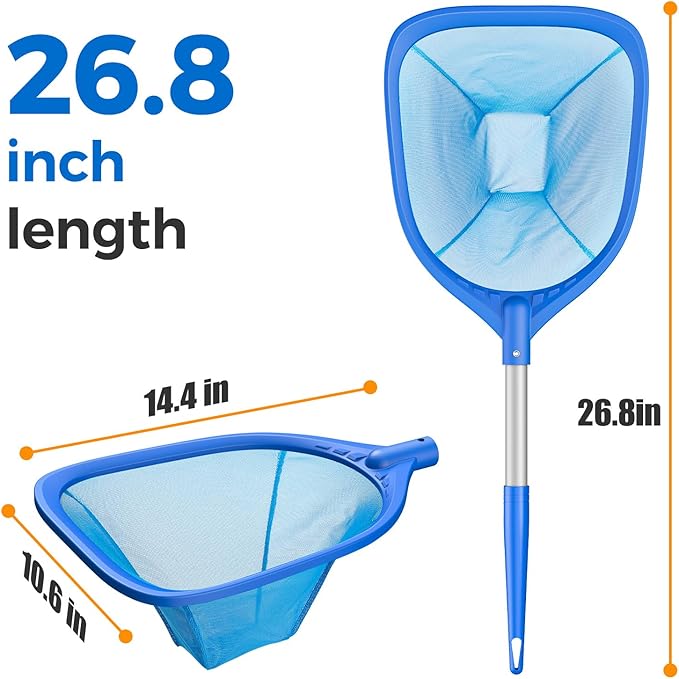 Swimming Pool Skimmer Net 26.8 inches, Leaf Rake Net with Fine Aluminum Pole for Fast Cleaning Ponds, Hot Tub, and Spas, Pool Cleaner Supplies and Accessories