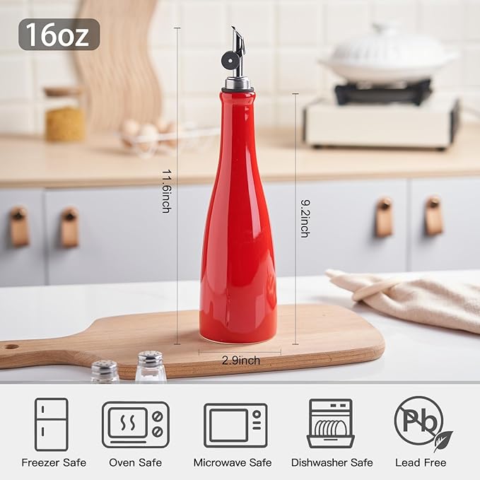YOLIFE Olive Oil Dispenser Bottle, 16oz Ceramic Oil Dispenser for Kitchen, Oil Bottle with Gravity Spout, Leak Proof EVOO Dispensing Bottle with 2 Spouts and 1 Funnel for Vinegar, Juice(Red)