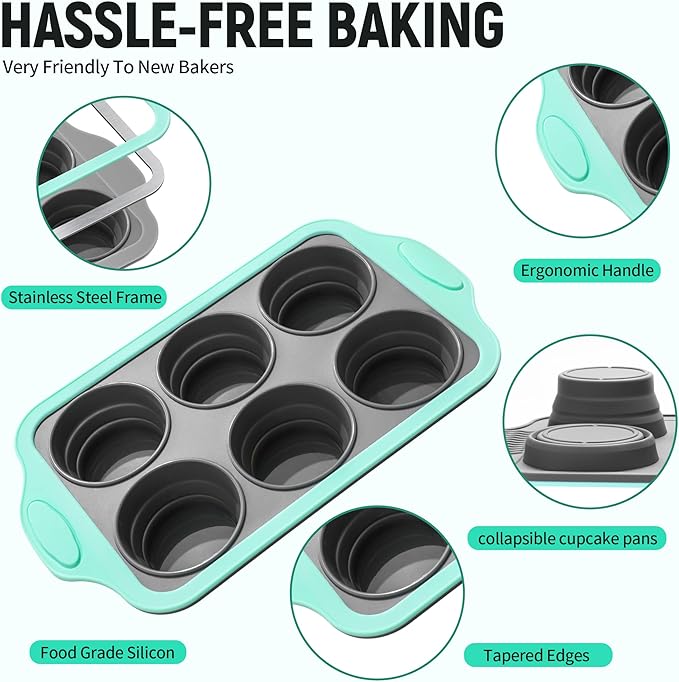 Muffin Pans for Baking 6 Cups, Silicone Foldable Muffin Pan with Metal Frame, Collapsible Cupcake Pan, Egg Bite Molds, Muffin Tin Tray for Baking Homemade Brownies Puddings (2)