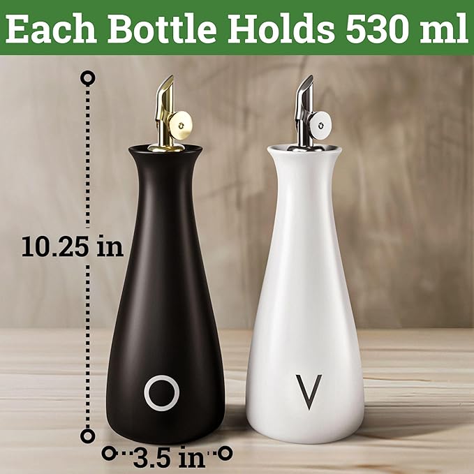 Oil and Vinegar Dispenser Set with Self-Closing Stainless Steel Spouts - 530 ML Capacity Matte Ceramic Leak Proof EVOO & Vinegar Dispensing Bottle Set of 2 - Olive Oil and Vinegar Dispenser Bottle Set