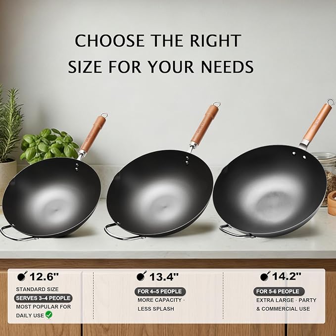 WANGYUANJI 12.6" Carbon Steel Wok with Glass Lid, Traditional Uncoated Flat Bottom Stir Fry Pan for Induction & Gas, Heavy Duty Chinese Chef Wok with Cleaning Accessories (32cm)