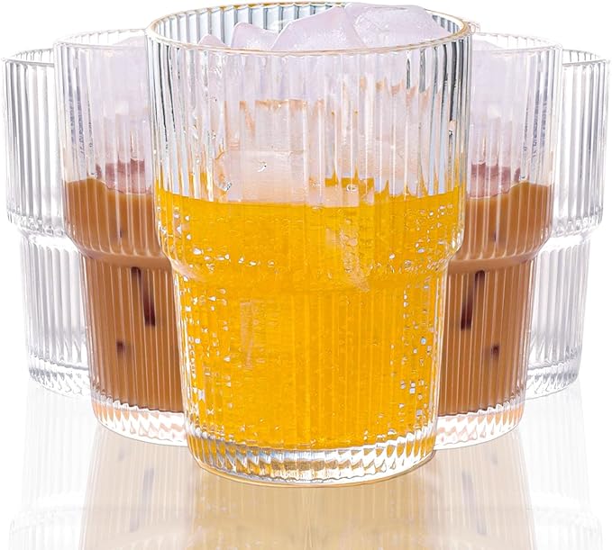 Set of 6 Cute Ribbed Glassware,14oz Vintage Clear Glass Tumbler, Origami Style, Fluted Design, Ideal for Water, Iced Coffee, Juice, Milk Tea, Latte, Housewarming Gift