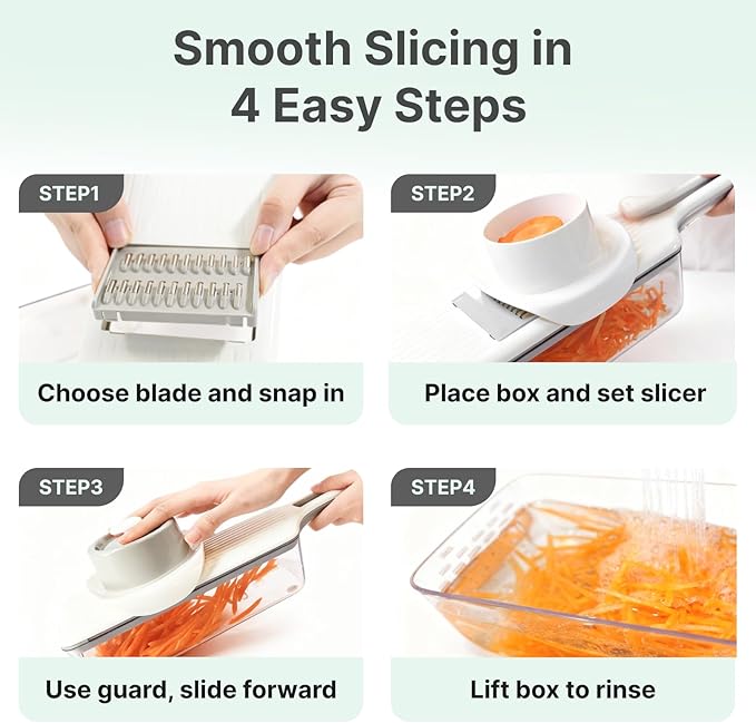 Mandoline Slicer for Kitchen with Drain Box, 6-in-1 Handheld Vegetable Slicer for Salad Prep, Cucumber & Cabbage Slicer with Safety Guard, Upgraded Long Handle Veggie Slicer for Easy Cleaning