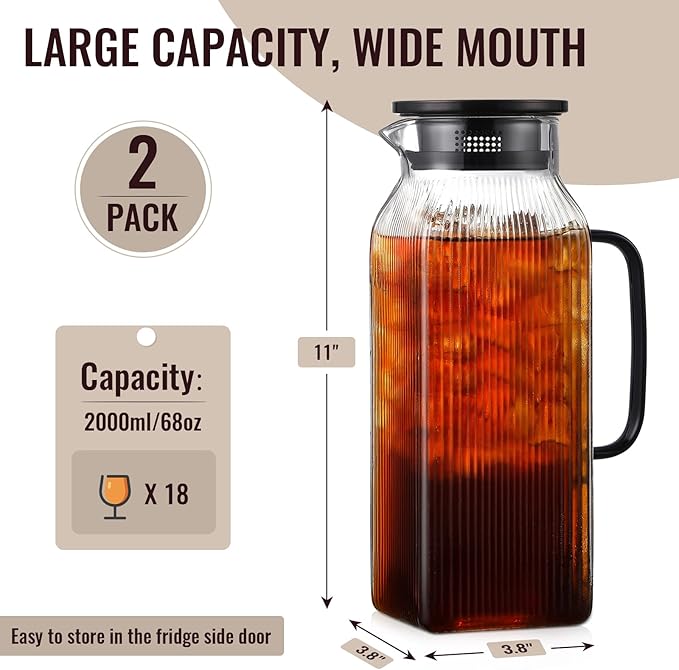2 Pack 2 Liter/68 oz Square Glass Pitcher with Lid, Classic Stripes Water Pitchers with Handle for Fridge, Large Jug for Iced Tea, Coffee, Borosilicate Glass Carafe for Hot/Cold Brew Drink, Black
