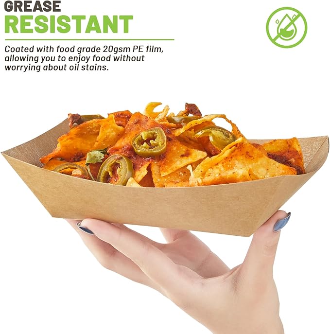 3 Lb Paper Food Trays - 50 Pack Disposable Nacho Trays, Kraft Paper Food Boats Taco Holders Party Serving Baskets for Hot Dogs Snacks Tacos Fries