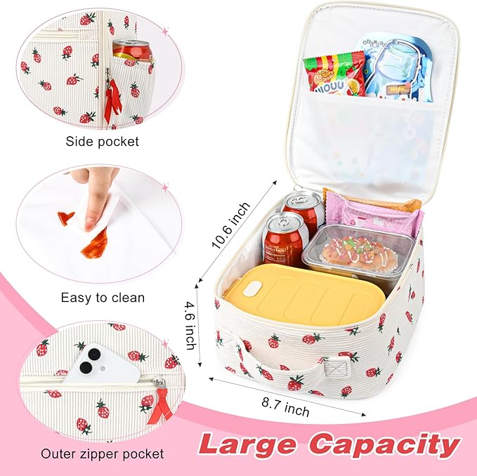 Aileam Lunch Box Lunch Bag for Women Cute Girls Insulated Womens Lunch Bag For Work Quilted Large Capacity Reusable Insulated Cooler for Work School Picnic Travel Strawberry Beige