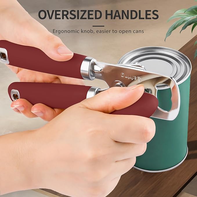 Can Opener Manual, Heavy Duty Stainless Steel Smooth Edge Can Openers With Soft Touch Handle, Oversized Handheld Easy Turn Knob, Multi-Function Bottle Opener, Red