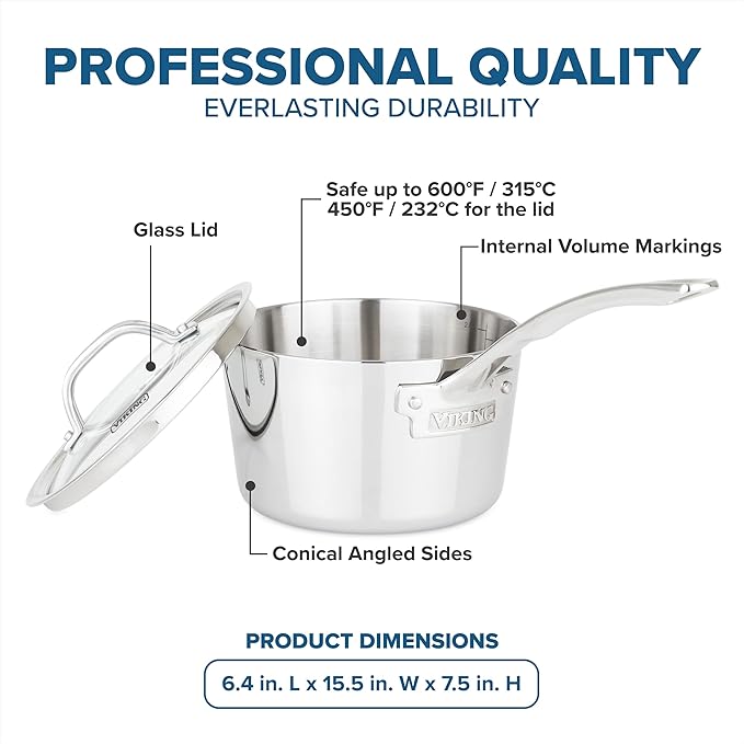 Viking Contemporary 3-Ply Stainless Steel Sauce Pan with Glass Lid, 2.4 Quart Saucepan Cooking Pot, Dishwasher and Oven Safe, Induction Ready, Silver