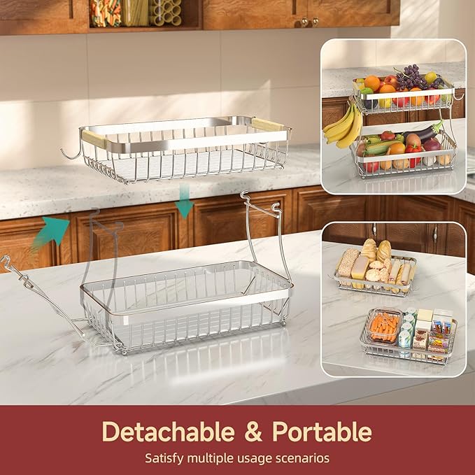 2 Tier Large Fruit Basket for Kitchen Counter with 2 Mobile Banana Hangers, 2026 Pro Detachable Metal Fruit Bowl with Wooden Handle (Silver, 2 Tier)