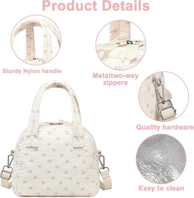 LEDAOU Lunch Box for Women Lunch Bag Insulated Lunch Box with Adjustable Strap Reusable LunchBox for Work School Picnic Travel (Bow-Flower)