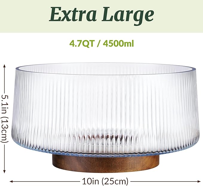 NiHome Extra Large Glass Salad Bowl with Natural Acacia Wood Base, Ribbed Design Oversized Capacity for Family Dinners, Parties, Multipurpose for Serving Salads, Fruits, Wine(Separate-Piece Design)