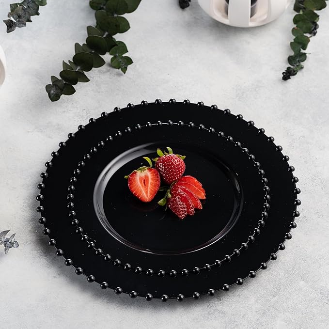 PLASTICPRO 128 Piece Combo Plastic Dinner Plates Disposable Plastic Fancy Heavy Duty Party Dishes 7 inch and 10 inch, Black Beaded