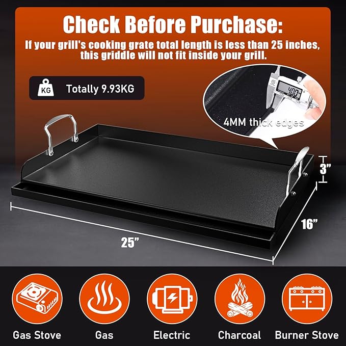 Cast Iron Griddle for Gas Grill 25"x16" Flat Top Grill Griddle Pan for Stove Top Nonstick BBQ Griddle Plate for Charcoal & Gas Grill Heavy Duty Universal Cooking Surface for Blackstone Style