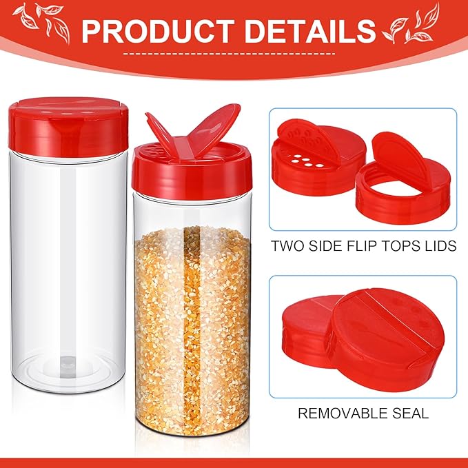Zhehao 24 Pieces Plastic Spice Containers Plastic Spice Bottles Clear Reusable Large Empty Seasoning Jars with Shaker Lids for Kitchen Storage Seasoning Powder Herbs(16 oz,Cylinder,Clear and Red)