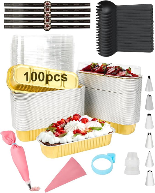 100 Pack Mini Cake Pans with Lids Spoons & 1 Piping Bag and Tips Set – 6.8oz Disposable Aluminum Foil Yellow Mini Loaf Pans for Cake Tins, Baking, Gift & Parties
