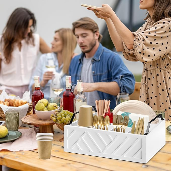 Paper Plate Dispenser and Holder for Kitchen Counter, Wood Rustic Silverware Utensil Caddy, Cutlery Flatware Organizer Box for Cups Spoons Forks Napkins, Kitchen Accessories