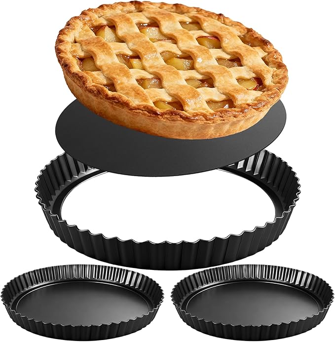 Tart Pan 2 Pack, 9 Inch Non-Stick Carbon Steel Pie Pan, Tart Pans with Removable Bottom - Perfect Molds for Making Quiches, Brownies, and Fruit Tarts with Grooved Edges