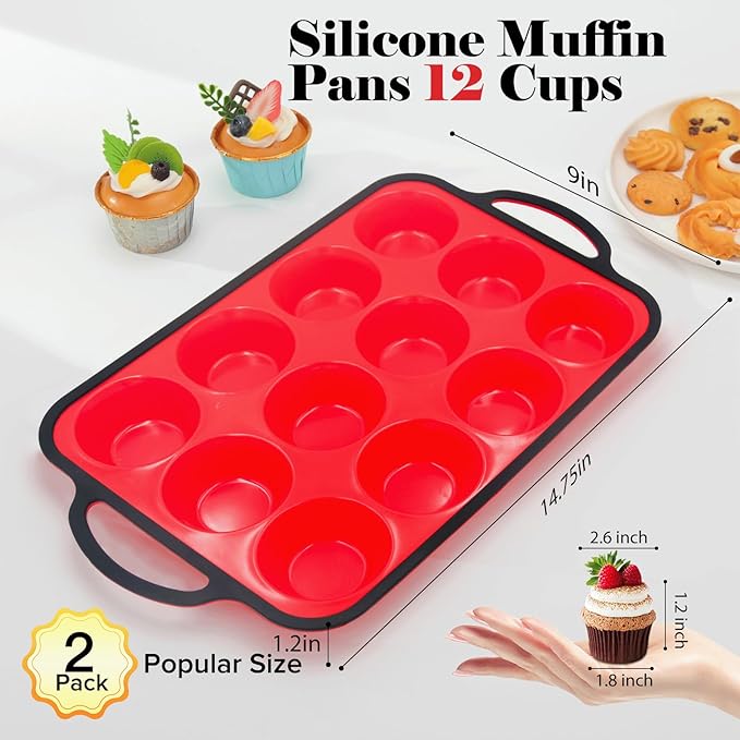 Silicone Muffin Pan, Metal Reinforced Frame Regular Size 2.8 Inch Cupcake Pan with Handle 12 Cups Nonstick Muffin Tray for Baking