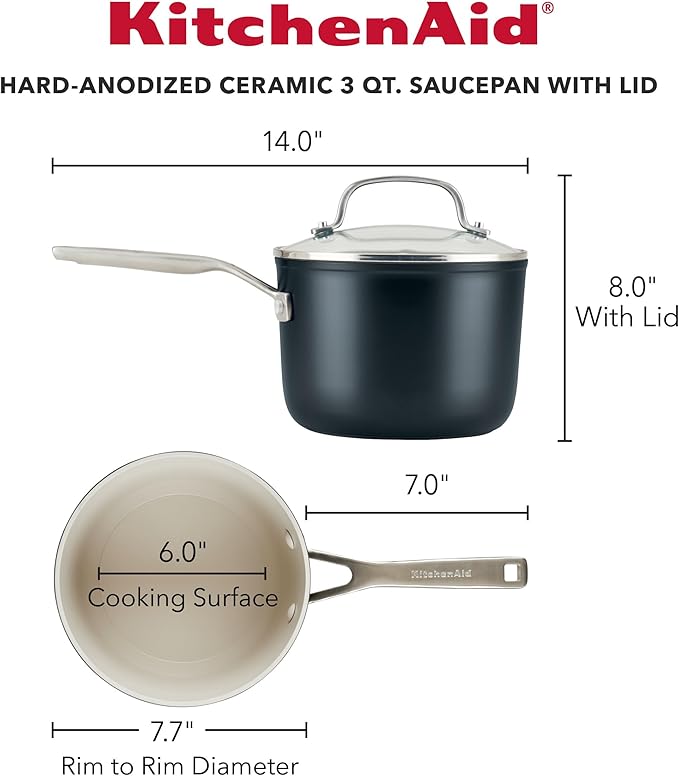 KitchenAid Hard Anodized Ceramic Nonstick Cookware Sauce Pan with Lid, 3 Quart - Matte Black