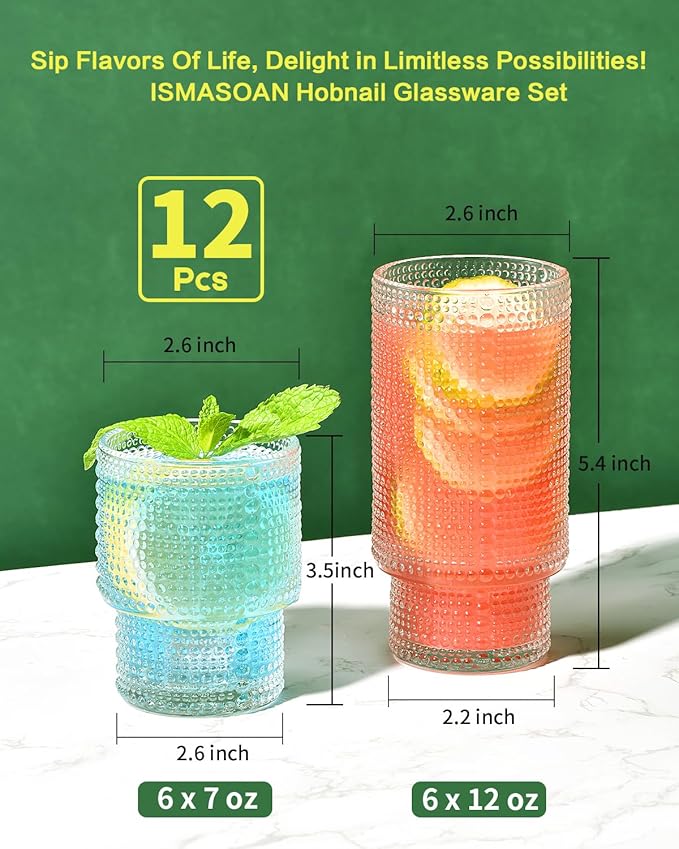 Hobnail Drinking Glasses Set of 12, Stackable Glasses 12 oz and 7 oz, Bubble Glasses Drinking, Vintage Glassware, Beaded Glassware, Highball Glasses, Gift Box Set