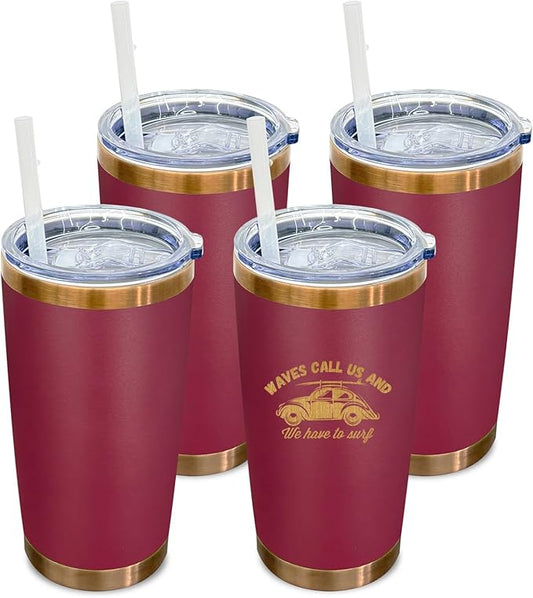 20 oz Tumbler Bulk 4 Pack Stainless Steel Tumblers with Lids and Straws, Double Wall Vacuum Insulated Travel Coffee Mug for Laser Engrave, Powder Coated Cups for Hot and Cold Drinks (Red,4 pack)