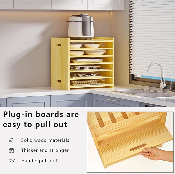 7 Tier Wooden Tray Dividers for Cabinets, Baking Cookie Sheet Organizer, Vertical/Horizontal Cabinet Dividers for Pots, Cutting Board, Pans, Kitchen Organizers and Storage (7 Tier)