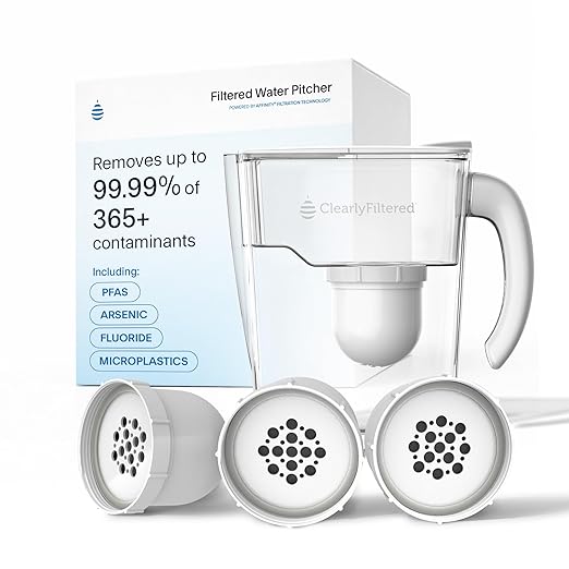 Clearly Filtered No.1 Filtered Water Pitcher/Updated Model/Targets 365+ Contaminants e.g. Fluoride Chlorine PFAS Microplastics Lead Arsenic BPA/BPS Free (Pitcher + 3 Filter Packs)