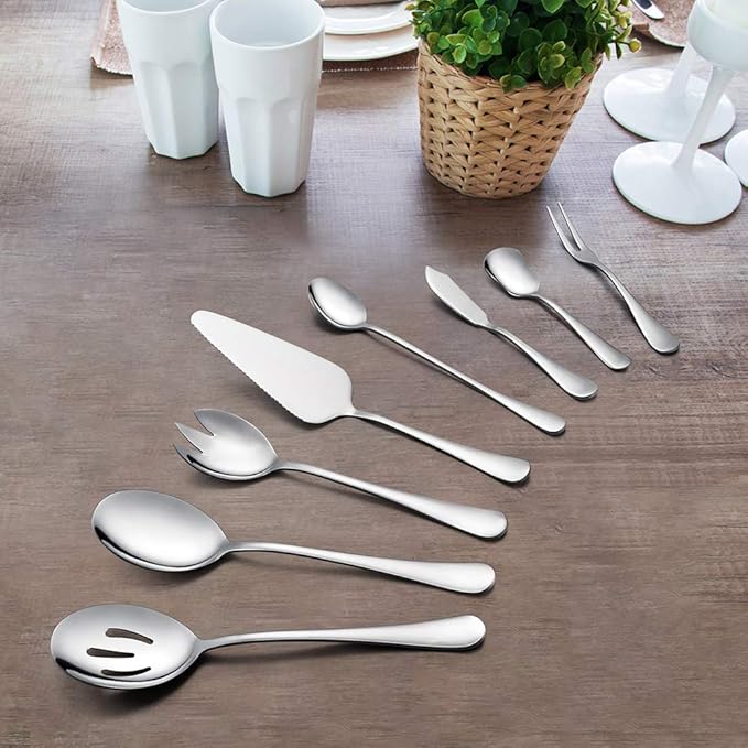 LIANYU Serving Utensils Set 8 Piece, Stainless Steel Serving Flatware Silverware Set with Slotted Spoons, Forks for Party Dinner, Mirror Finished, Dishwasher Safe