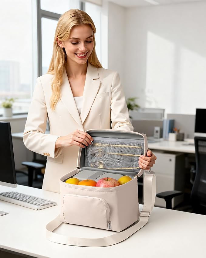 HOTOR Lunch Box for Women - Insulated Lunch Bag with Spacious 8L Capacity, PU Leather Cooler Bag, Water-Resistant & Easy to Clean, Ideal for Work or Everyday Use, Beige, 10.0" x 8.6"x 5.9"