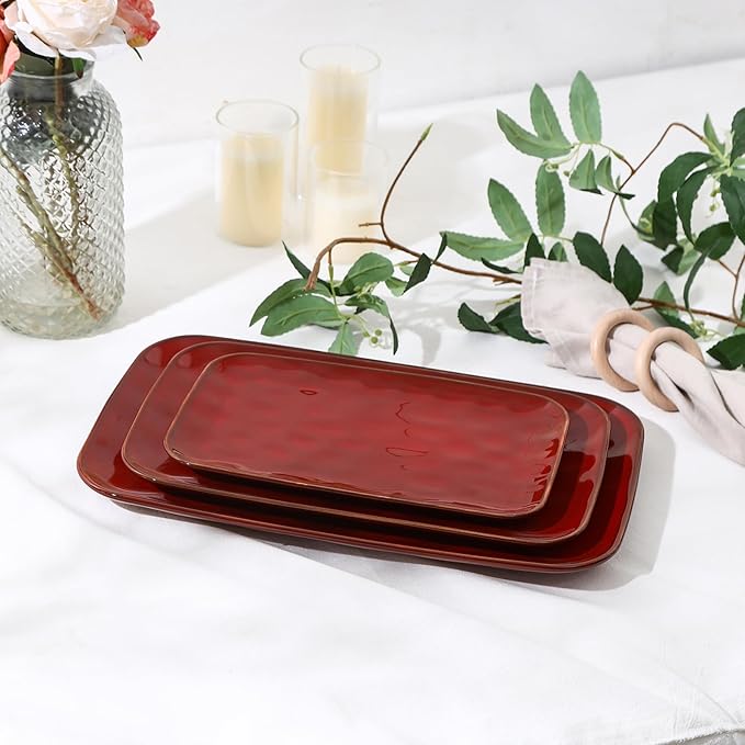 vicrays Ceramic Rectangle Serving Platters - 14" 12" 10" Porcelain Serving Trays Plates for Party BBQ Appetizers Sushi Dessert - Microwave Oven and Dishwasher Safe - Set of 3 -Cherry Red