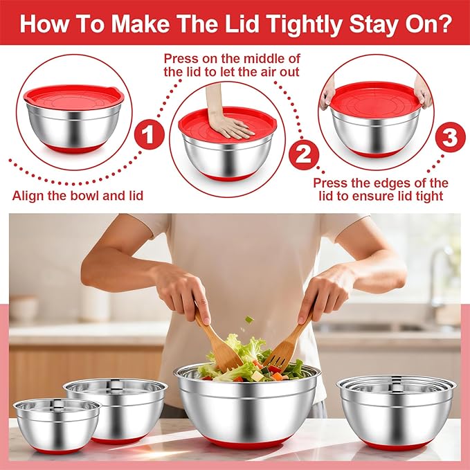 TeamFar Mixing Bowls, Red Mixing Bowls with Lids Set, Stainless Steel Nesting Salad Bowl with Air-tight Lid & Silicone Bottom, Non Slip & Stackable - Set of 6-4.6/2.6/2 / 1.5/1 / 0.7 Qt