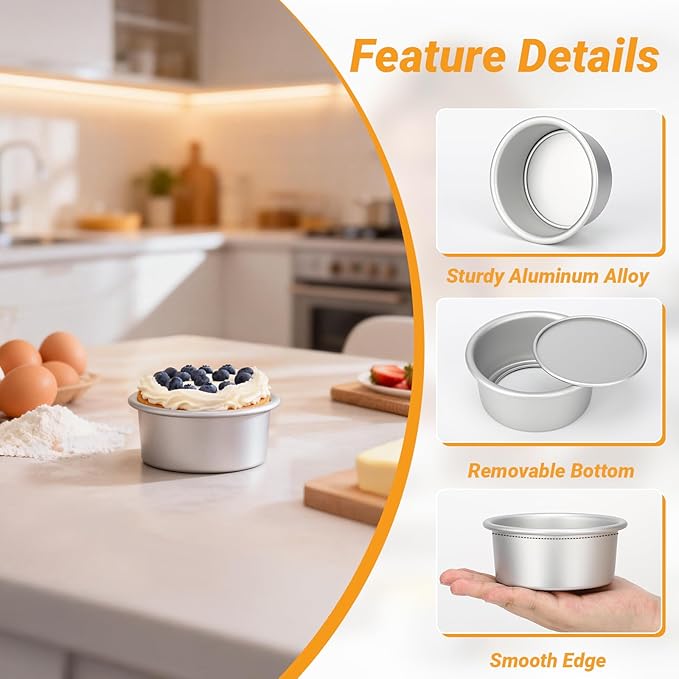 Beasea 4 Inch Cake Pan, 2 Pack Aluminum Alloy Mini Round Cake Pans with Removable Bottom, Cheesecake Tin Mold for Baking Oven Bakeware