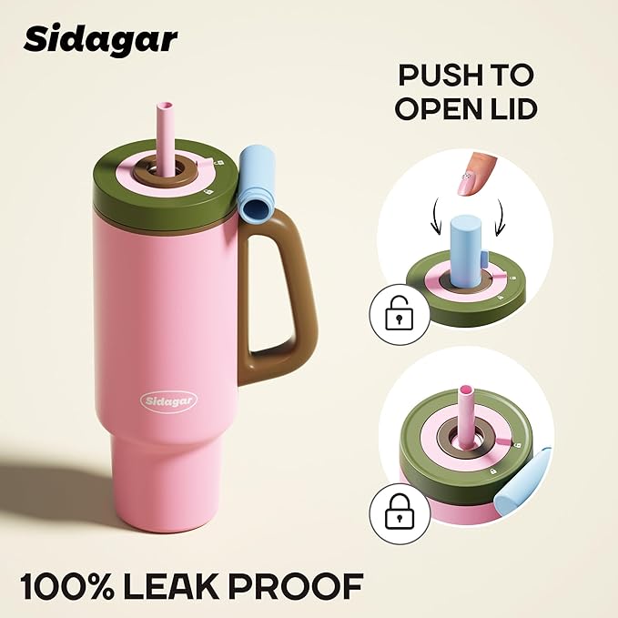 Tumbler with Handle,36 oz Ceramic Lined Travel Mug Water Bottle with Straw,Vacuum Insulated Stainless Steel Cup with Lid,Fits Cup Holder, Leak Resistant Press-in Lid,Pink