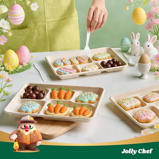 JOLLY CHEF Compostable 𝟱 Compartment 𝟭𝟭 * 𝟴 𝗶𝗻𝗰𝗵 Paper Plates [𝟭𝟬𝟬 𝗣𝗮𝗰𝗸] Heavy Duty Small Natural Divided Eco-Friendly Biodegradable Food Trays for Party Lunch Dinner Christmas
